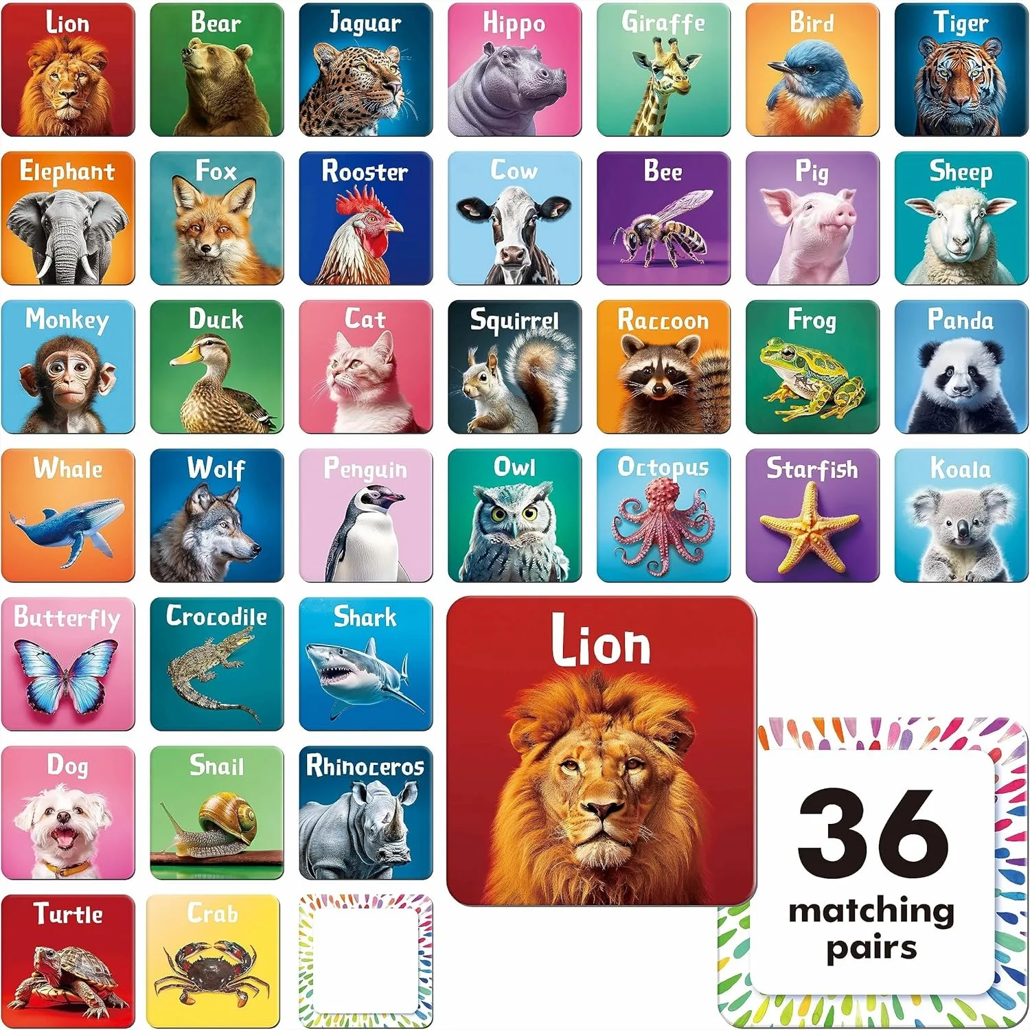 72 PCS Memory Matching Game, Real Animal Cards for Toddlers 36 Pairs Preschool Learning Toy