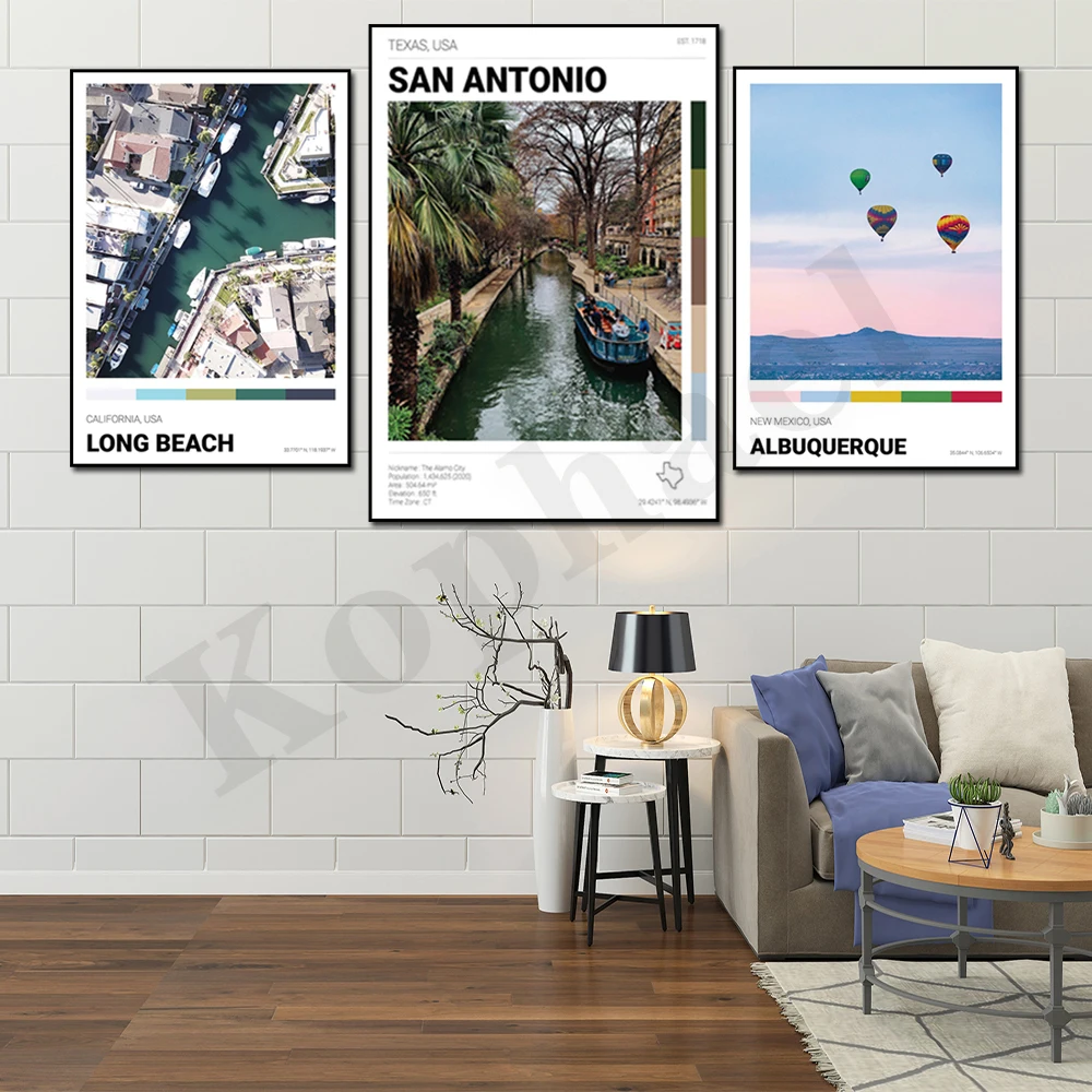 San Antonio Long Beach El Paso Jacksonville Fort Worth Tulsa Albuquerque. City Travel Scenery. Home Wall Art Canvas Painting