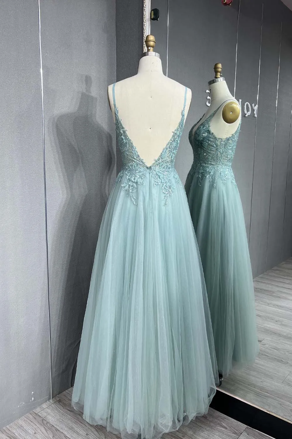 YQLNNE Cute Mint Green Glitter Long Prom Dresses Bling Tulle Backless Evening Gown For Party