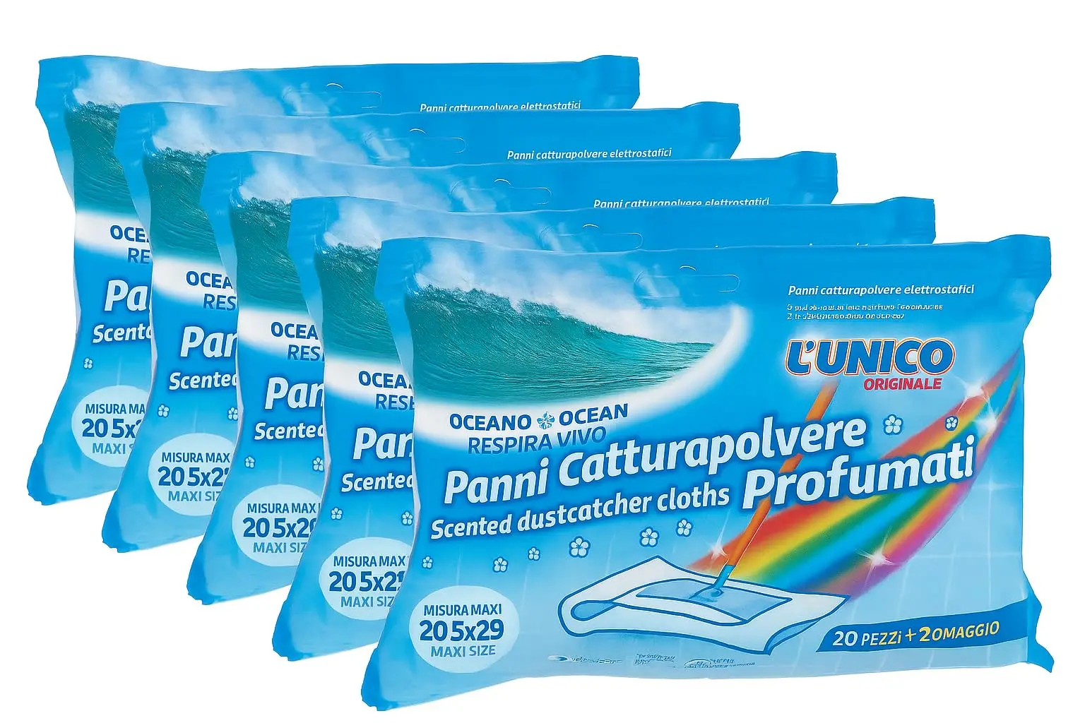 Generico L'Unico, geurige stofdoeken met een zeegeur, 5 x 20 (in totaal 100 doeken) – antistatisch en geurig, extra groot formaat 20,5 x 29 cm, voor een schone en geurige vloer, gemaakt in Italië.