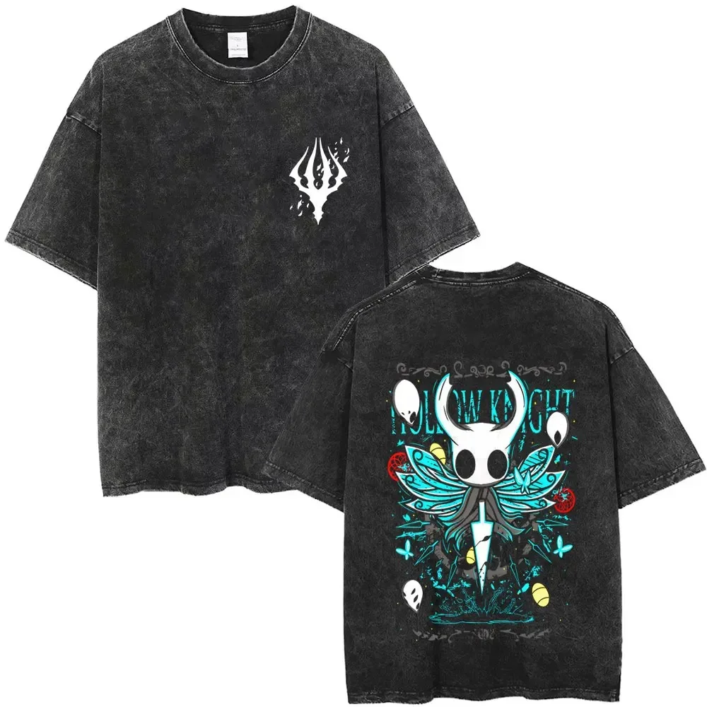 Hollow Knight Vintage Washed Gaming Graphic T-Shirt - Unisex Men's Casual Oversized 100% Cotton Tee for Cosplay & Cartoon Lovers