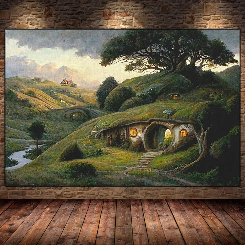 The S-Shire Canvas Painting H-Hobbit Hole Landscape Poster Cozy Earth  Halfling House Wall Art for Living Room Home Decor Mur