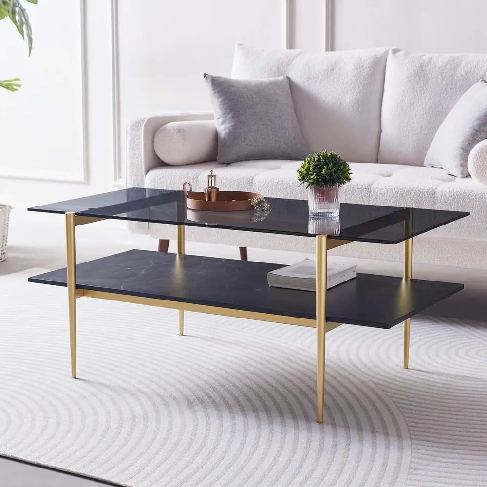 Mid-Century Modern Rectangular Coffee Table, 41x21, 2-Tier with Clear Glass Top and Black Marble Shelf, Gold Conical Legs