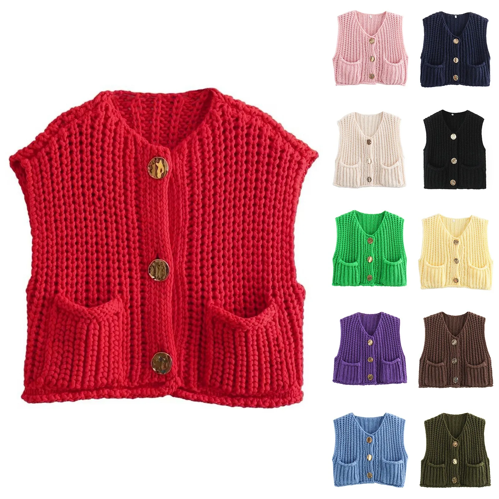 Women\'s Fashion Solid Color Knitted Vest Slim Sleeveless Single Breasted Vest Elegant Golden Button Casual Cardigan Sweater