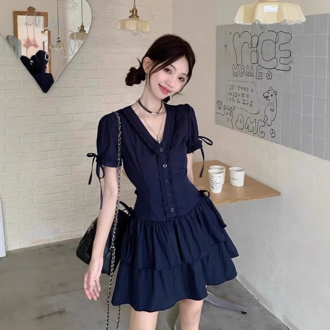 

Korean Lace V-neck Short Sleeved Dress for Children's Summer New Slim Fit Waist Cinching A-line Fluffy Short Skirt