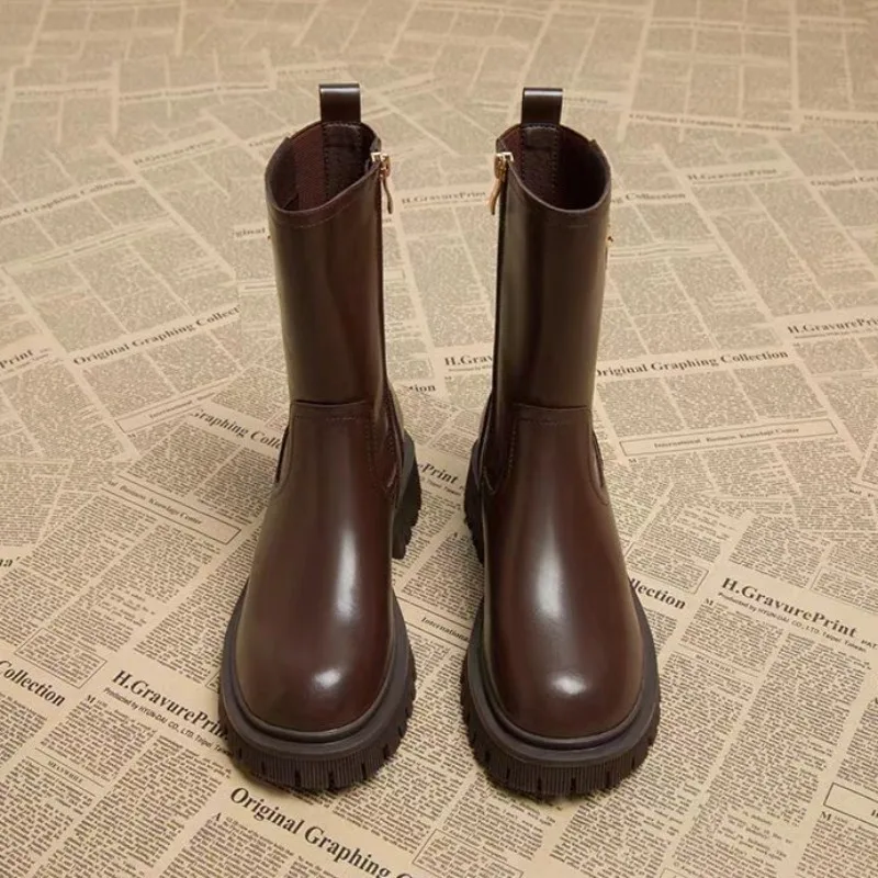 Women\'s Half High Boots Round Toe Chelsea Ladies Mid Calf Shoes Middle Heel Brown Footwear Spring Autumn Sale Gothic Demi-season
