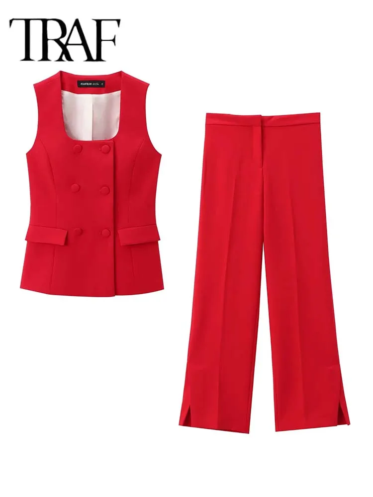 TRAF Women 2 Pieces Sets New Fashion Office Vest Top+Split Straight Leg Pants Women's Suit Formal Two Piece Set Women Outfit