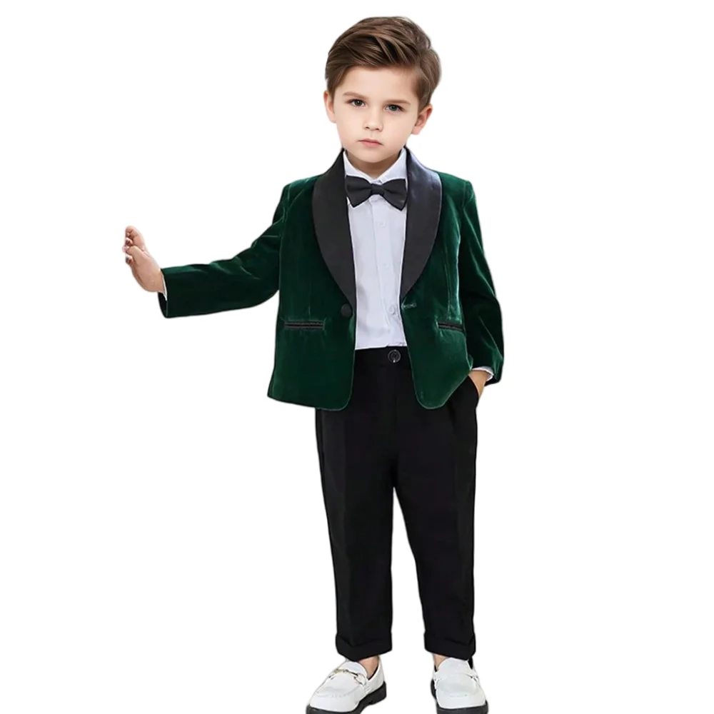 Boys Formal Velvet Suit Set Child Birthday Dress Wedding Party Photography Piano Recital Costume Kids Blazer Pants Bowtie Outfit