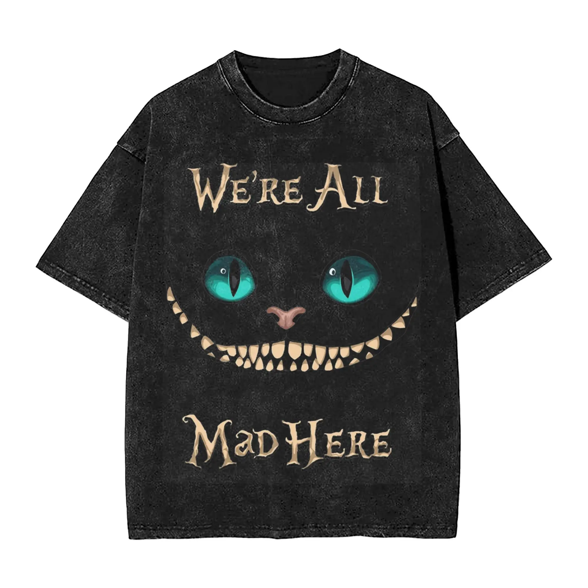 Graphic Printed Alice In Wonderland Cheshire Cat  Washed Shirt Outfit Harajuku T-Shirts  for Men Women Tee