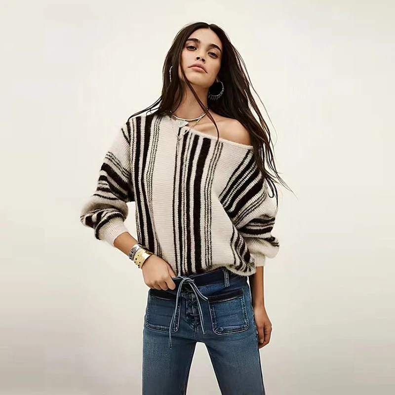 

Женский вязаный свитер Ele на осень-зиму, свободный крой, с асимметричным полосатым узором, пушистый, комфортный, с длинными рукавами