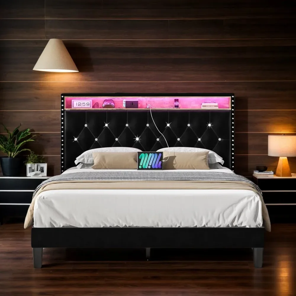 

Bed Frame With Storage Shelf Headboard, Velvet Upholstered Bed Frame With Charging Station, Modern Bed Frame With Diamond Tufted