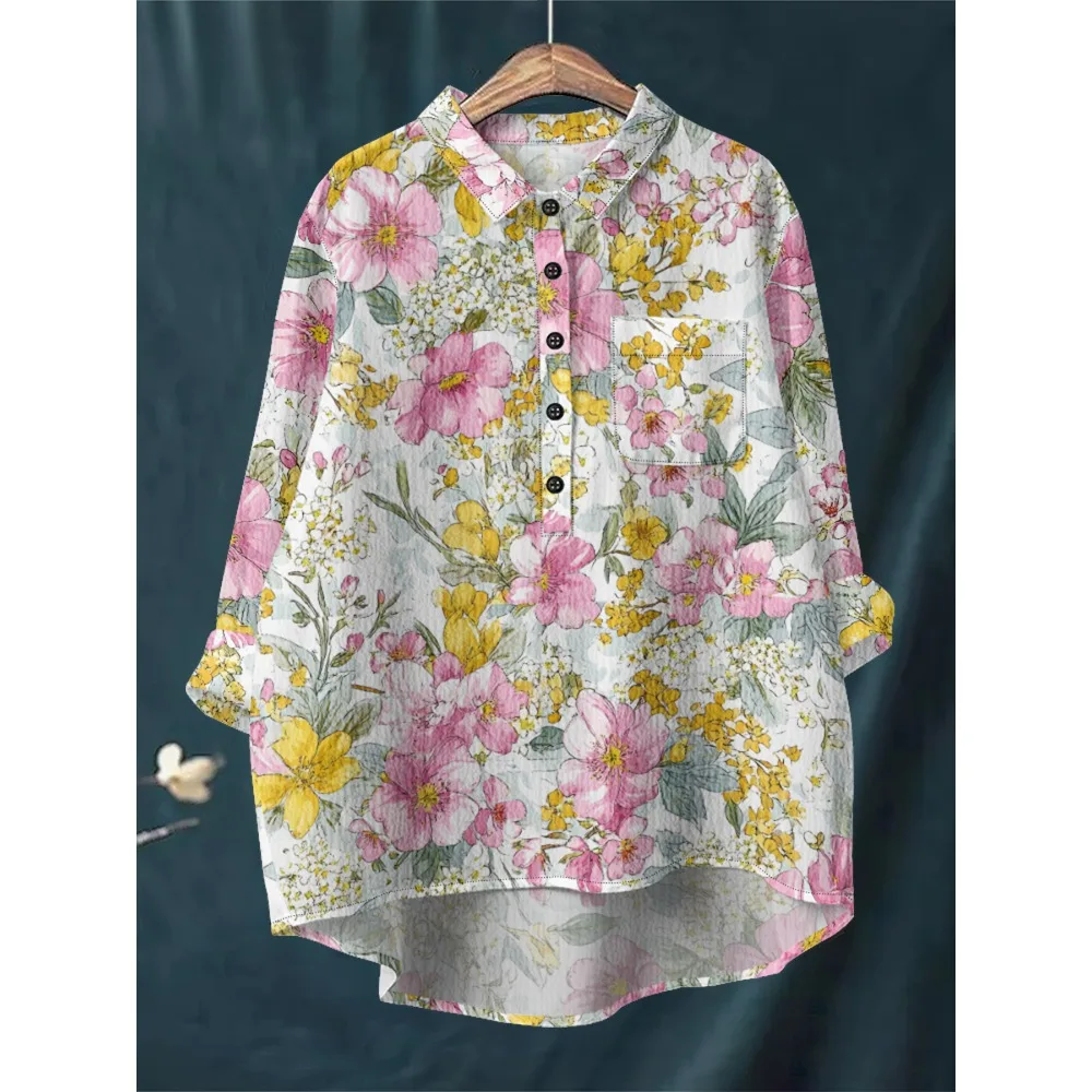 

Women's Shirt with Chest Pocket Vintage Inspired Long Sleeve Blouse in Pink Flowers Elegant Front Short Back Long Hem Design