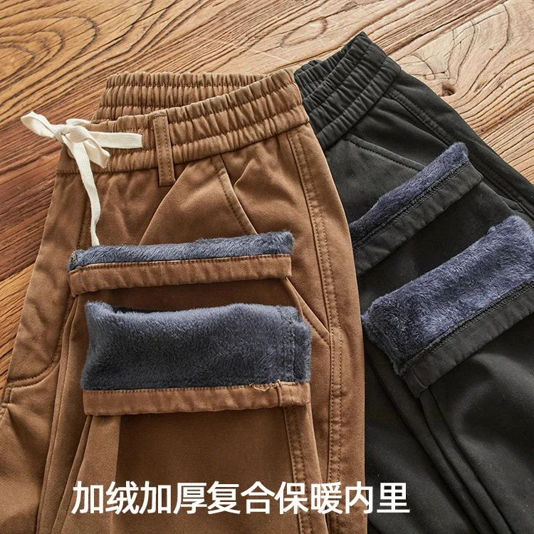 

2023 Autumn And Winter New American Retro Men Plus Fleece Cargo Pants Loose Fashion Trend Elastic Waistband Casual Pants