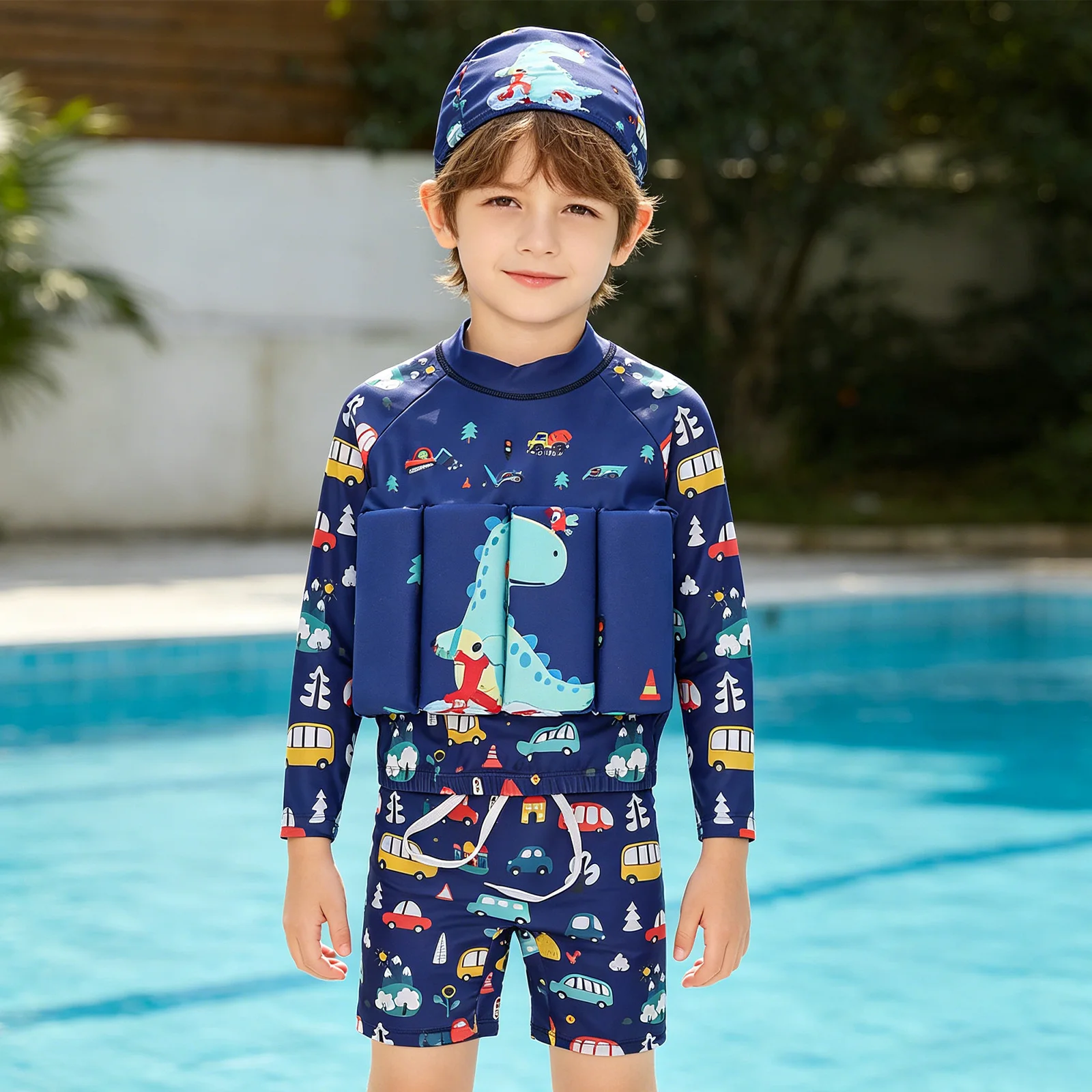 

Kids Boys Flotation Swimsuit Long Sleeve Top with Shorts and Swim Cap UPF50+ Quick Dry for Summer Beach Swimming Training
