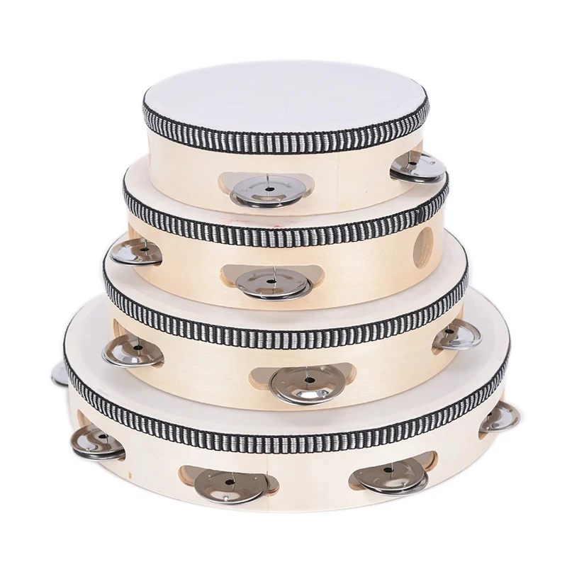1Pc Wooden Tambourine 4/6/8/10-Inch Beige Rim with Metal Jingles Musical Educational Percussion Instrument for Concert Church Pa