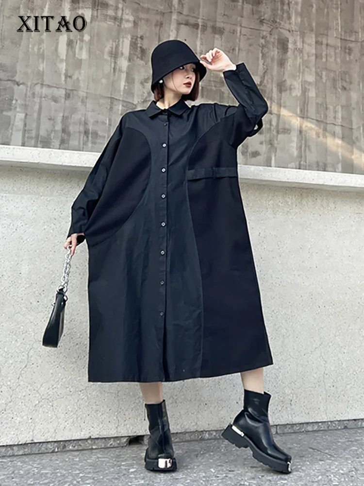 

XITAO Casual Patchwork Dress Solid Color Loose Single Breasted Turn-down Collar Spring Fashion Women New Shirt Dress LYD1626