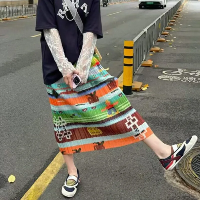  Pleated Skirt 2026 New Summer Simple Casual Fashion Printed Elastic Waist Split Women's Draped Gentle Lightweight Skirt