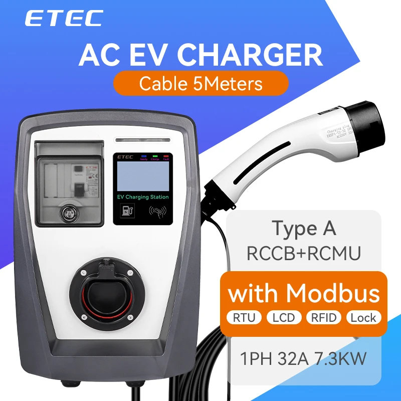 ETEC AC EV CHARGER 3PH 32A 22KW With Cable 5Meters Type A RCCB+RCMU with Modbus-RTU+LCD+RFID EKEC1