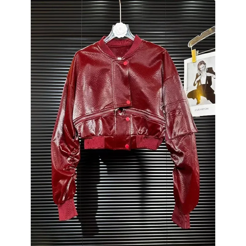 Locomotive Clothing Patent Leather Glossy Zipper PU Leather Jacket Fashionable Clip Gram Jacket Women's Leather Jackets Women