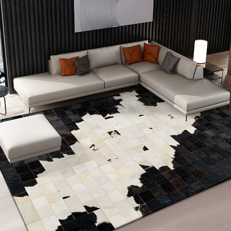 

Black White Checkered Cowhide Splicing Carpet Living Room Decoration Luxury Home Rugs For Bedroom Customize Large Size Floor Mat