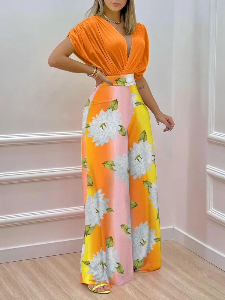 

Three Sisters Summer New Woman Clothing Fashion Print Bat Sleeve Top Wide Leg Pants Two Piece Set Temperament Commuter Woman