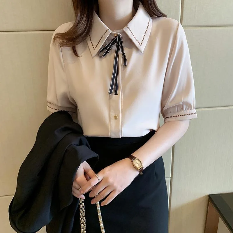 Woman Spring Summer Style Blouses Shirts Lady Casual Short Sleeve Turn-down Collar Blusas Tops G2652