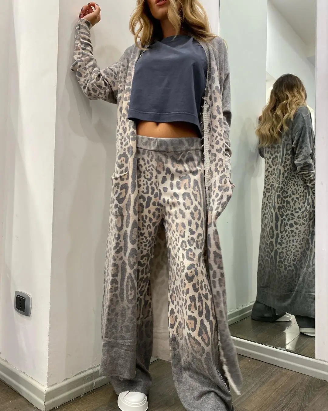 

New Women's Casual Long Pants Set With Leopard Print Long Sleeves For Autumn Winter Cardigans Top And Pants Two-piece Set