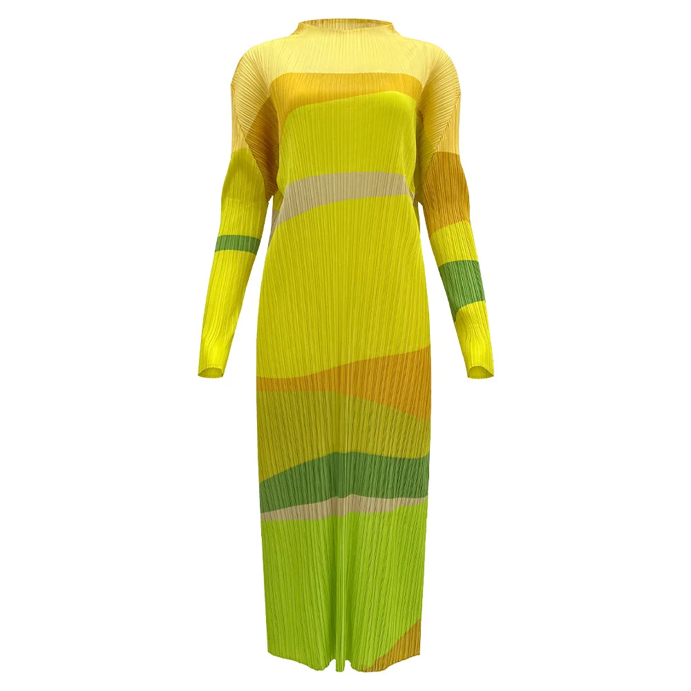 Fold Miyake Pleated Maxi Dress Women Long Sleeve Wave Colorblock 2026 Spring Autumn Trendy Elegant Everyday Glam Essential Piece