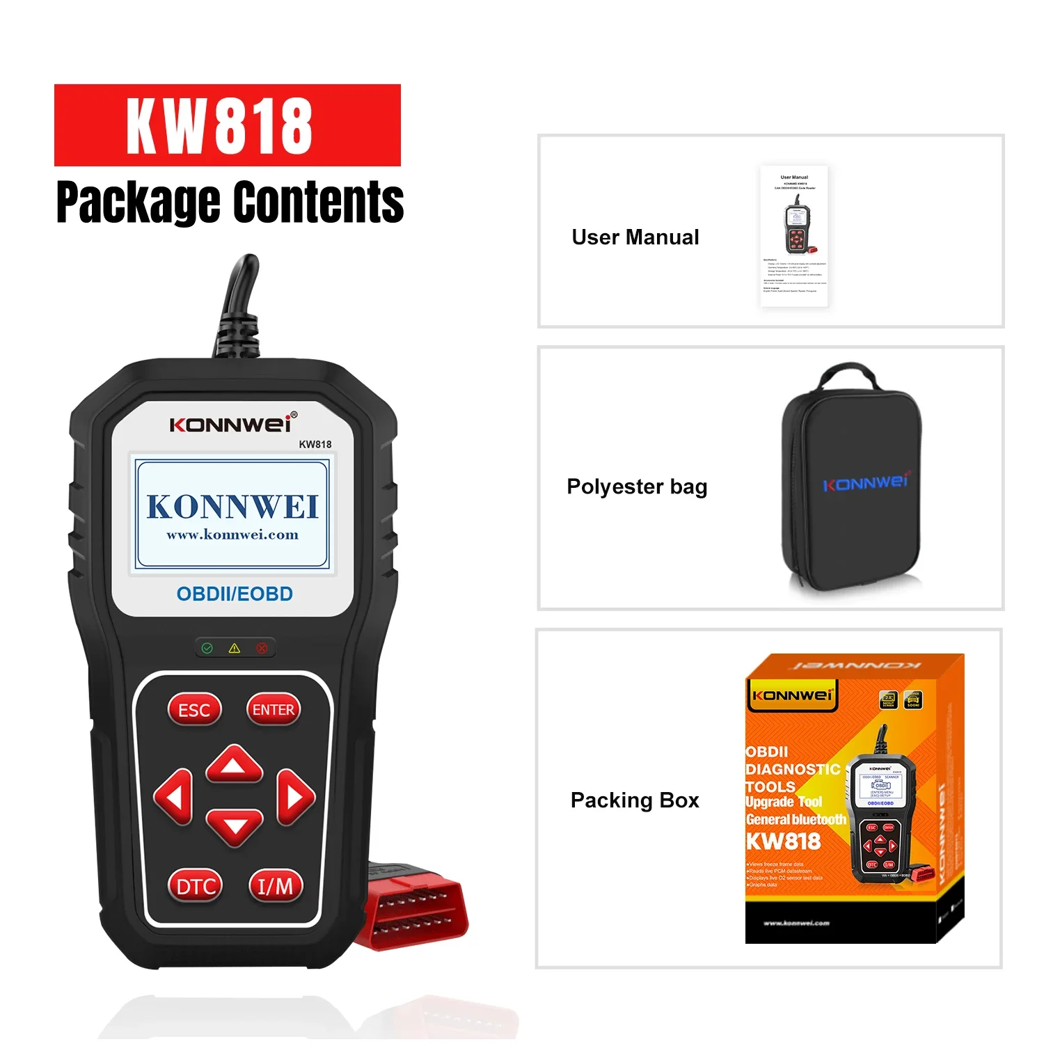KONNWEI KW818 Skaner Samochodowy OBD 2 Tester Akumulatora 12V Obsługa CAN J1850 Czytnik Kodów Błędów Silnika Narzędzie do Diagnostyki Samochodowej