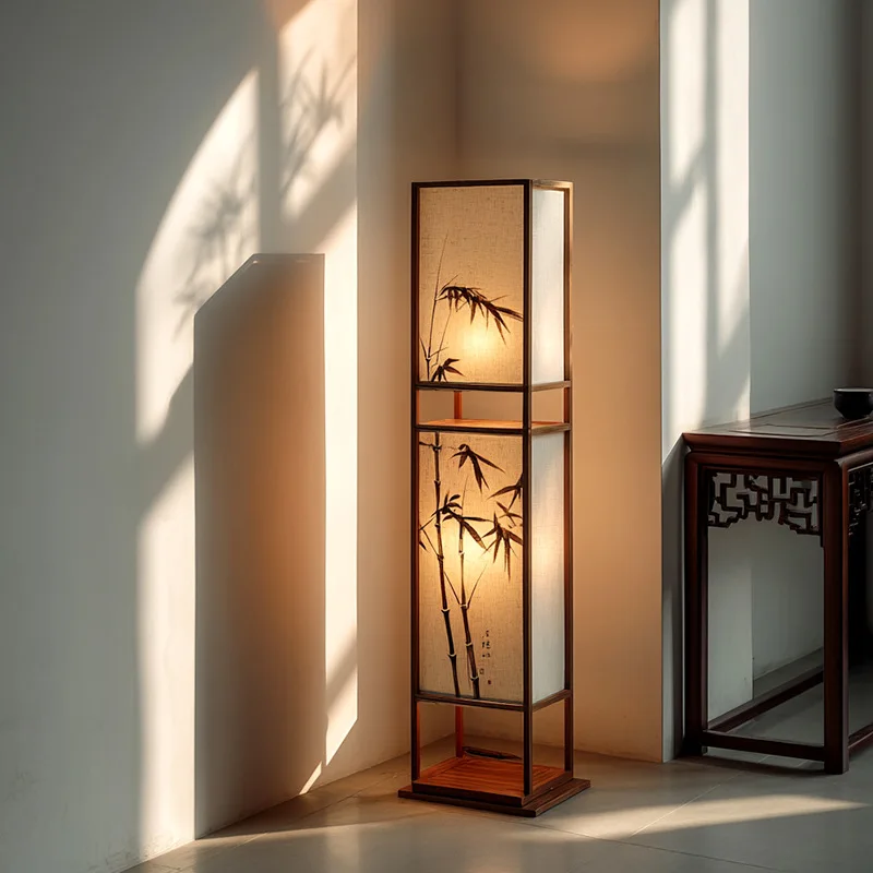 

Solid wood art bamboo leaf painting square vertical lamp floor lamp Zen retro living room tea room floor lamp