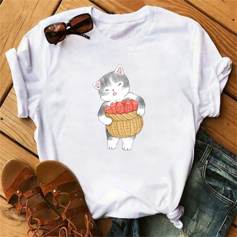 Fashion trend Kawaii Cat Bestie Girl Print Fun T-shirt Girl Animal Y2K Fashion print top shirt girl black and white clothes