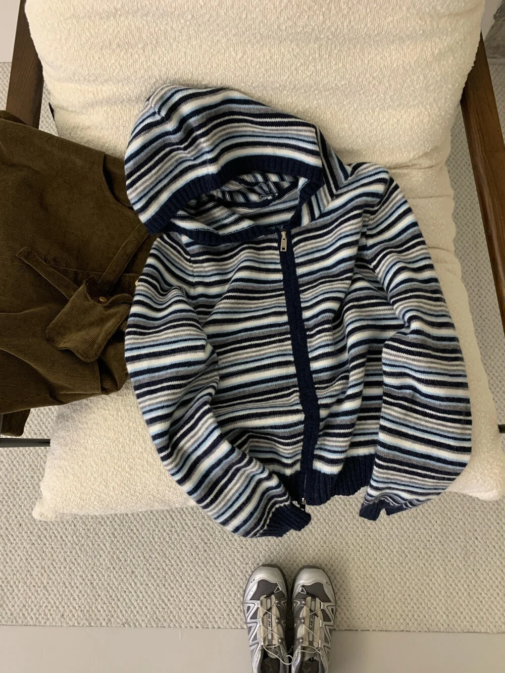 

Korean Sle Casual Striped Hooded Zipper Color Blo Loose Fit Women's Sweater Autumn Warmth Outerwear Comfortable Knitwear