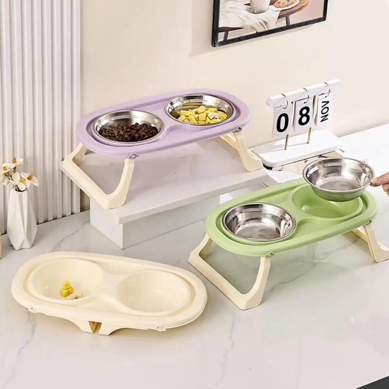 Non-Slip Double Cat Bowl Pet Water Food Feed Dog Bowls Pet Bowl With Foldable Stand Cats Feeder Feeding Bowl Kitten Supplies