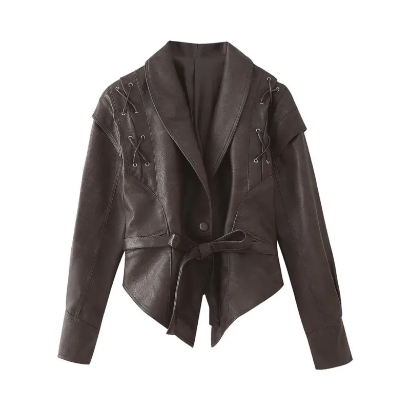 HipSeam Women's Leather Jacket With Belt New 2026 Autumn Lapel Collar Long Sleeve Button Female Winter Outerwear Woman Jackets