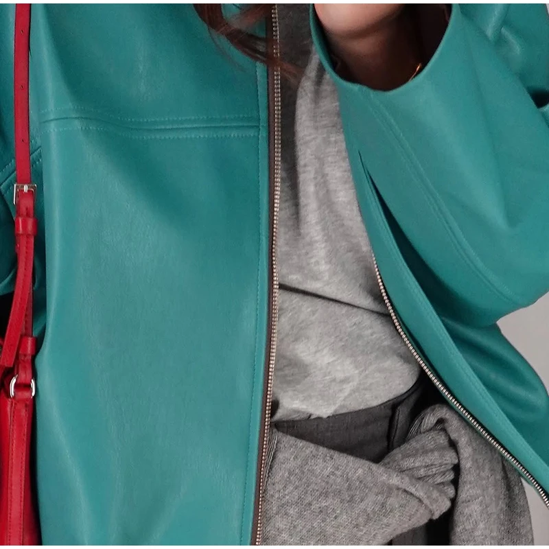 Women's Solid Faux Leather Jacket Stand Collar Zippers Long Wide Sleeves Cropped Coats 2026 Autumn Fashion All-match Streetwears