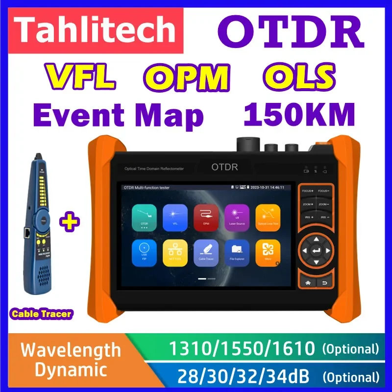 OTDR 1310nm 1550nm 1610nm 150KM 28/30/32/34dB Optic Fiber Reflector OPM VFL laser source RJ45 tester Wifi Test