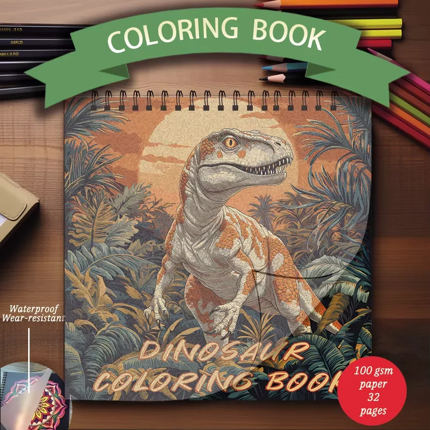 Coloring Book - 7.87 x 7.87 inches 32 pages of Dinosaur Relaxation - Ideal gift for back to school and holidays