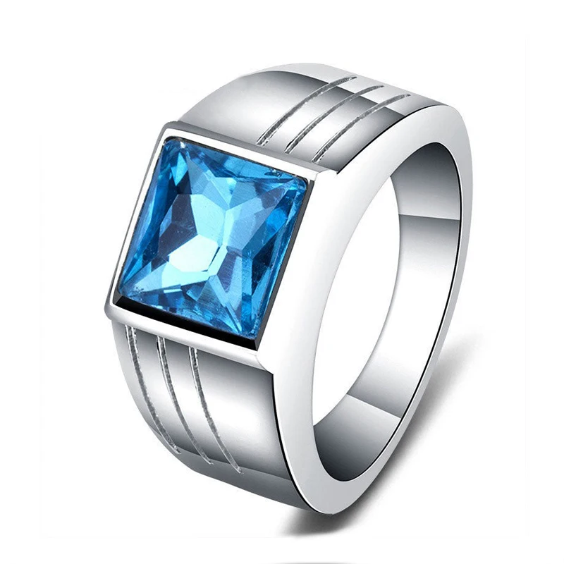 Fashion Men's Blue Crystal CZ Stone Ring Luxury Silver Color Engagement Ring Classic Wedding Party Jewelry Valentine's Day Gift