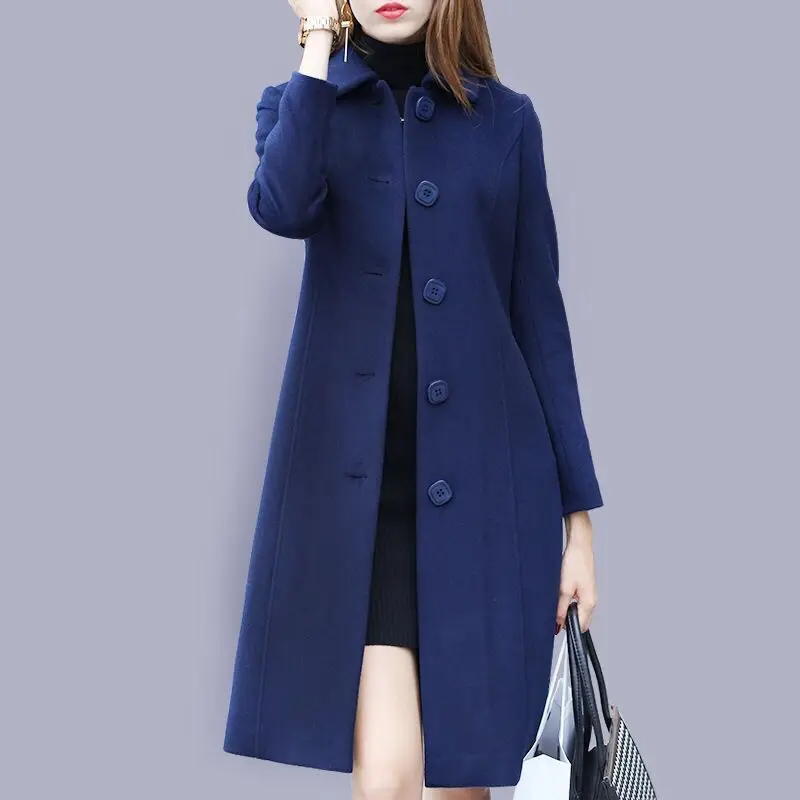 2023 New Fashion British Solid Button Woolen Coat Women Long Sleeve Coats Woman Elegant Pocket Slim Outwear Mujer