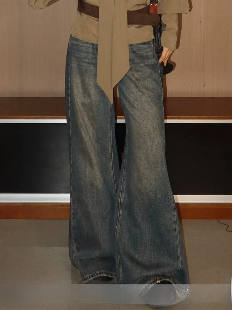 

Ретро джинсы с высокой талией и широкими штанинами, женские свободные джинсы с эффектом потертости, хлопковые удобные прямые брюки.