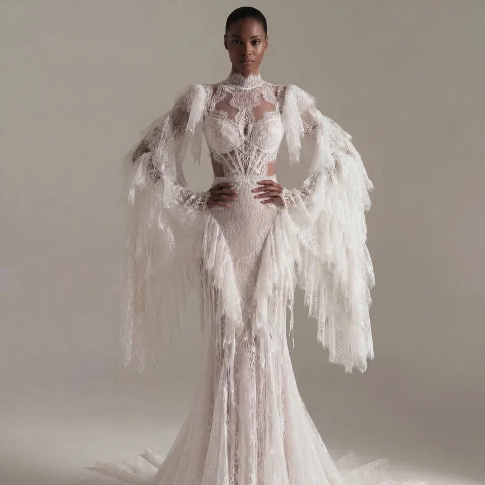 Mouzhetee Mermaid Elegant O-Neck Lace Pleat Wedding Dresses Simple Long Sleeve Brides Gown Custom Made 2026