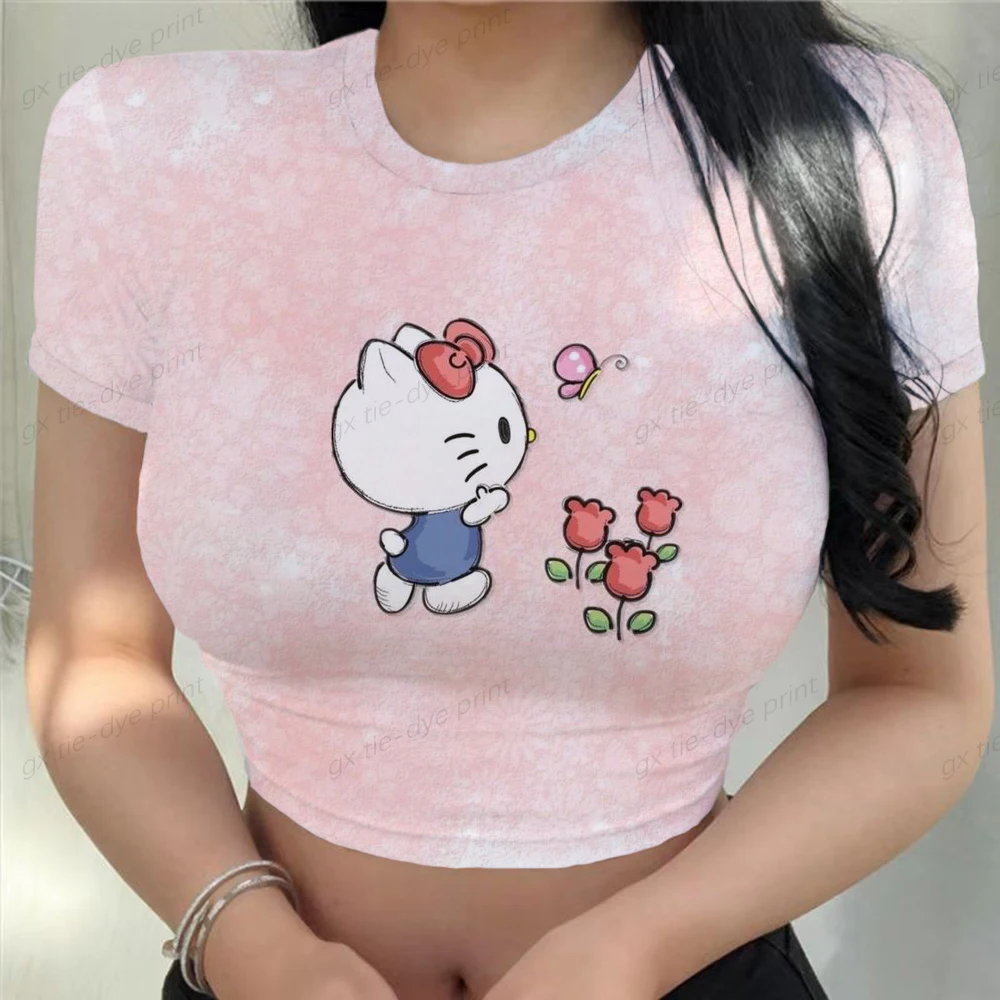 Kadın T-Shirt Y2k Kırpma Üstleri Tees Baskı Hello Kitty Ince O-Boyun Kısa Kollu Tee Estetik Yaz Harajuku Sokak Giyim Üst