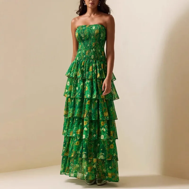 

2025 European And American Outer Wear Tube Top Long Dress Lotus Leaf Skirt 2025 Spring New French High-end Chiffon Dress