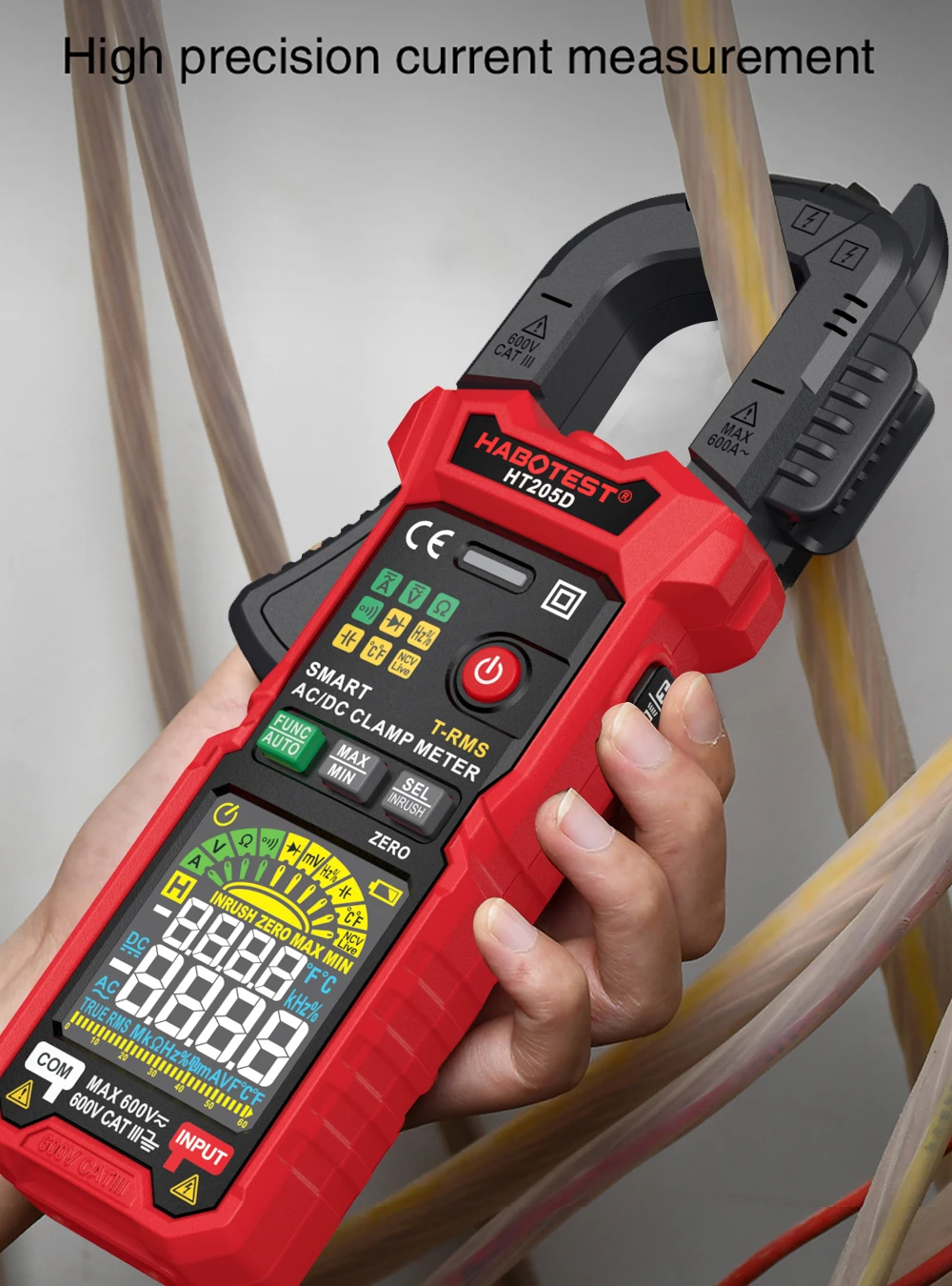 HT205D 6000 Counts Pengukur Arus Inrush Berkinerja Tinggi, Arus DC, Fungsi Zero, True RMS, Clamp Meter Digital Cerdas