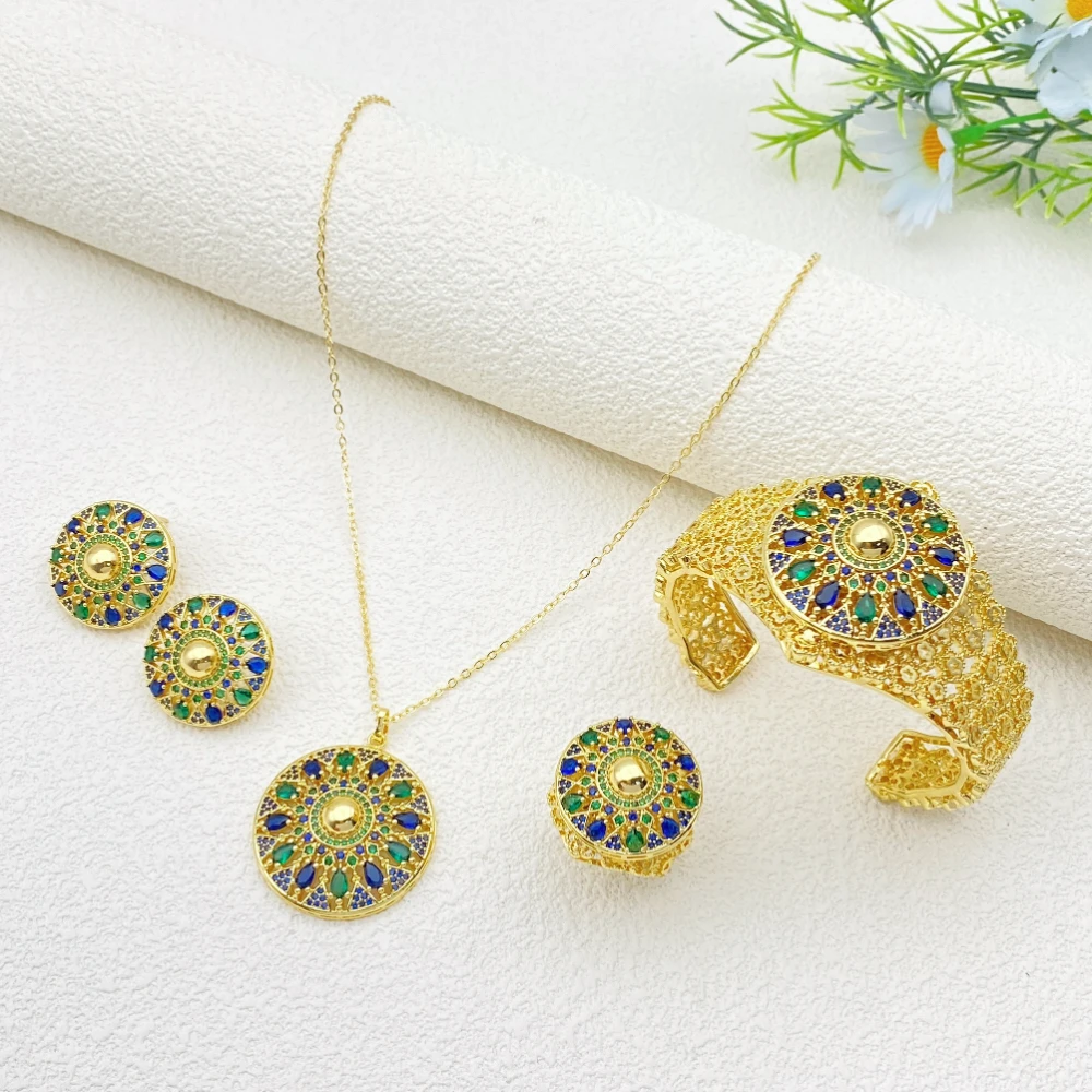 

Женский позолоченный медный комплект ювелирных изделий Flora в Дубае с круглым ожерельем CZ, серьги, браслет, кольцо, блестящее 4 шт., Eid