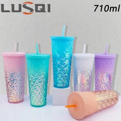 LUSQI 1PC 710ML Double Layer Illusion Durian Cup Female Large Capacity Creative Straw Cup Milk Tea Cups