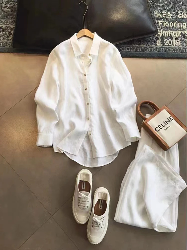 

Faionable Хлопково-льняной комплект из двух предметов, женские ранние весенние длинные широкие брюки Sve irt, повседневный комплект прямого кроя