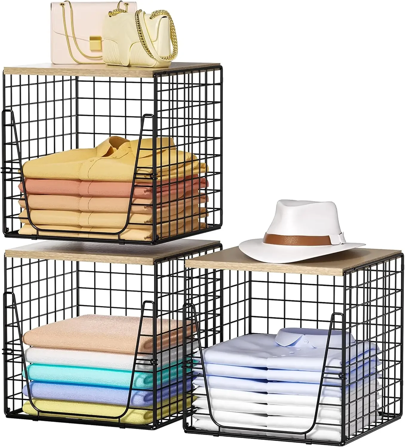 

3PCS Stackable Closet Organizers with Wood Top - Durable Wire Bins for Wardrobe, Bedroom, Entryway, Black