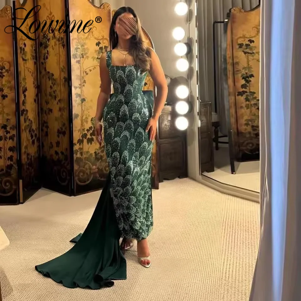 

Beaded Green Party Dress Square Neck Straight Ankle Length Evening Gowns Long Train Women Cocktail Dresses Arabic Evening Gowns