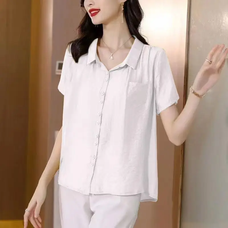 2024 Summer Women\'s Stylish Solid Button Up Shirt Elegant Short Sleeve Cotton Linen Blouse Female Casual Loose Irregular Tops